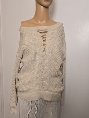 😍Cream Cable Knit Oversized Open Neak Sweater - S
